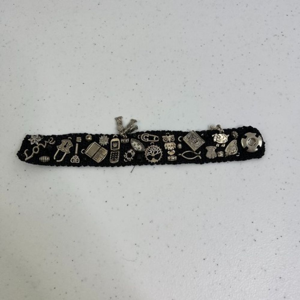 Charm Bracelet‎ Silver Tone Black Crochet Mixed Love Animal Thick Statement